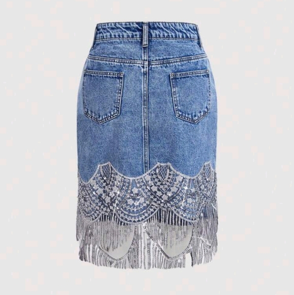 Women's Denim Fringed Patchwork Blue Skirt For Casual Holidays,Cruise Women Outf - Picture 2 of 5